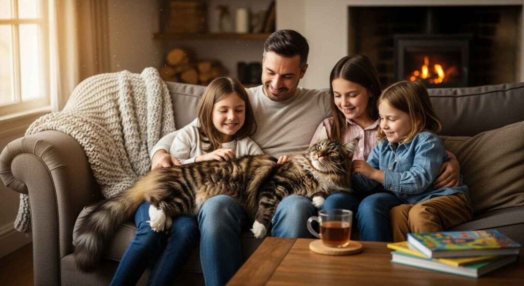 Happy family enjoying time with their Maine Coon cat at home