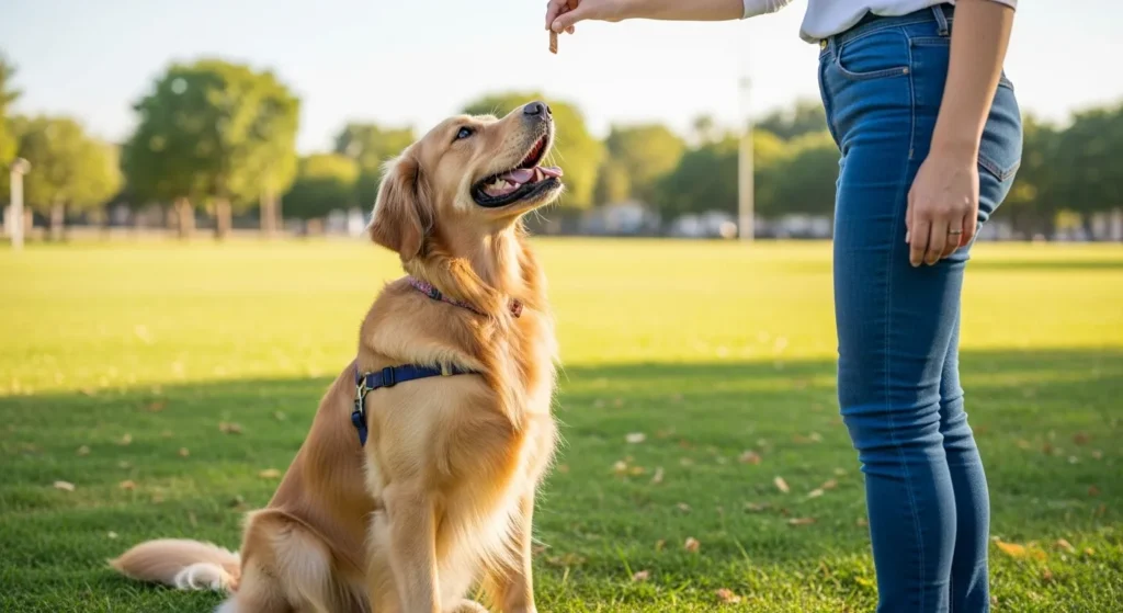 Dog sitting on grass during training with owner.