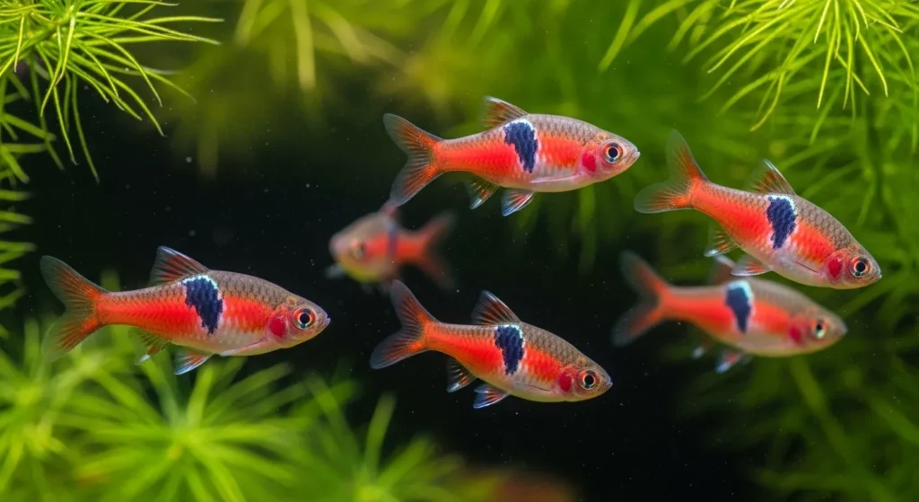 Pink harlequin rasboras swimming.