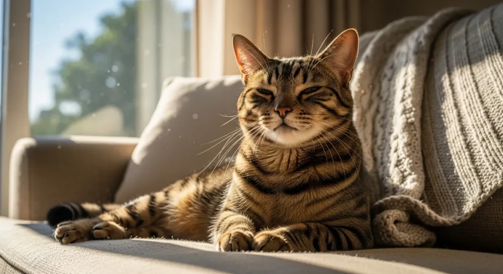 Happy healthy spayed cat resting on a sofa near a window