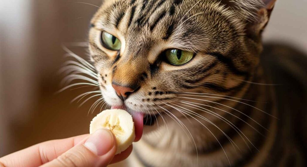 Cat eating a small piece of banana.