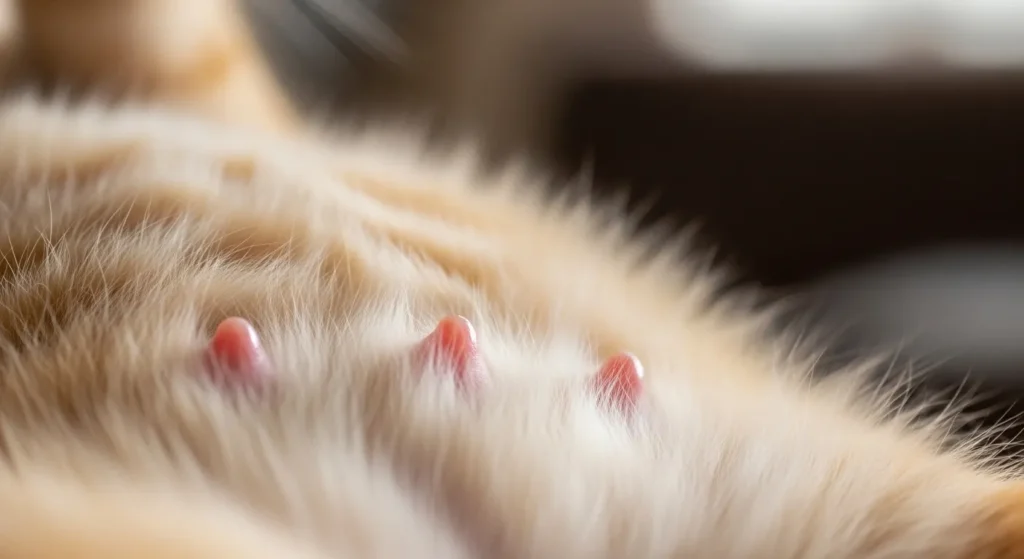 Small pink nipples on a cat's belly fur.