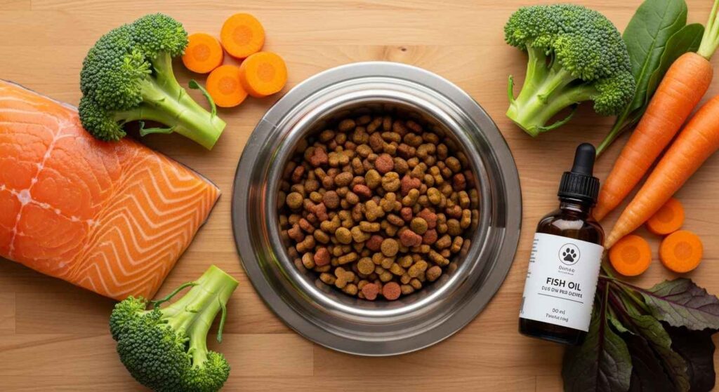 Bowl of high-quality dog food with fish oil supplement bottle nearby