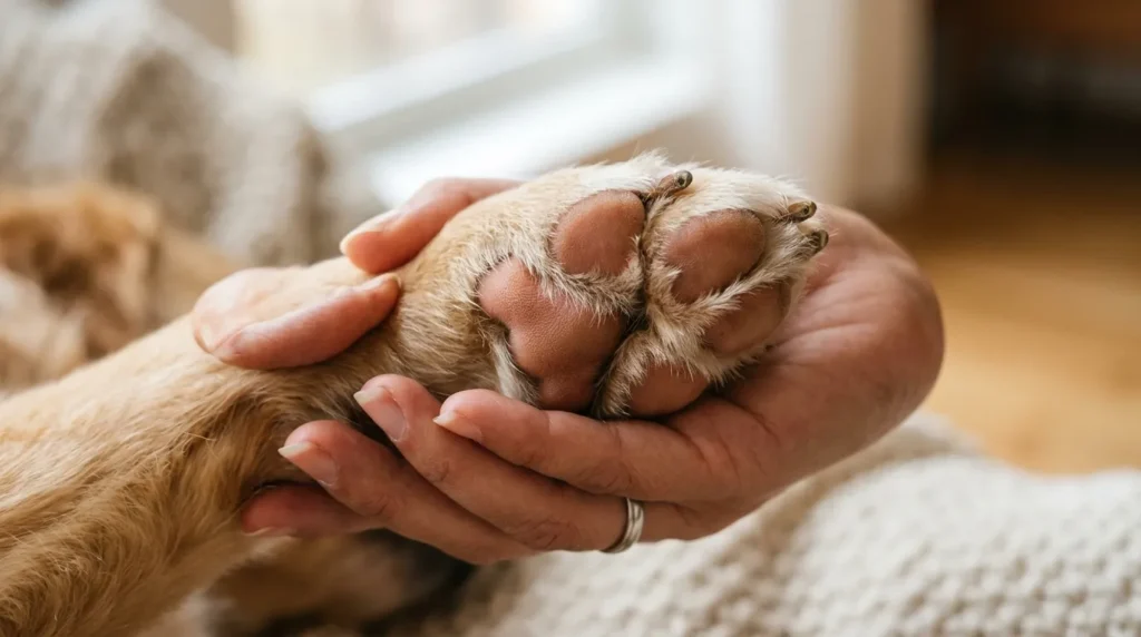 Close-up of a healthy dog paw held in a human hand showing pink pads and clean fur