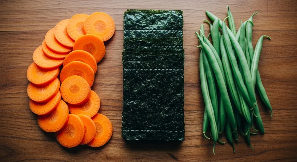 Assortment of dog-safe vegetables including seaweed