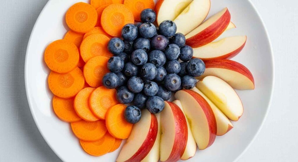 Assorted dog-safe snacks like carrots, apples, and blueberries.