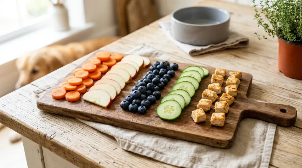 Healthy dog treat alternatives to bread including carrots, apple slices, blueberries, cucumber, and cooked chicken on a wooden board