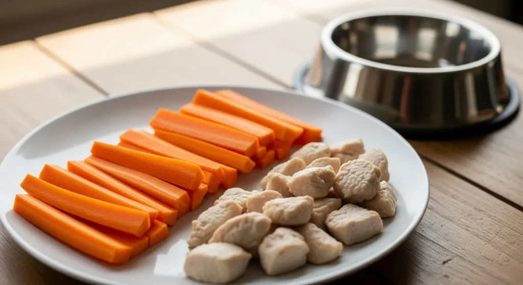 Dog treats including carrots and plain chicken pieces.