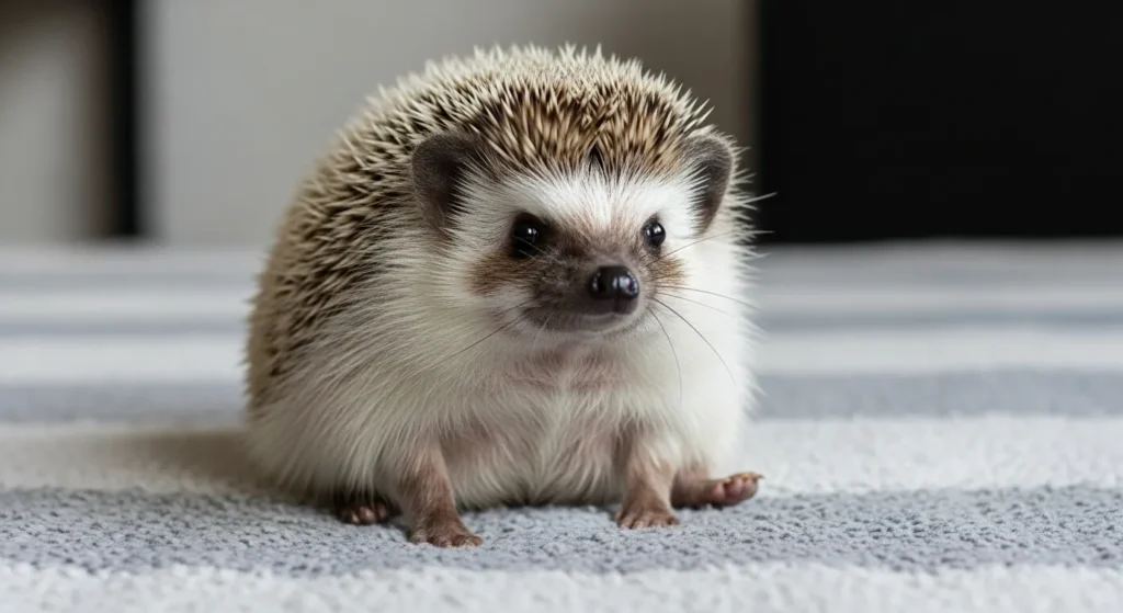 Hedgehog with groomed quills resting calmly.