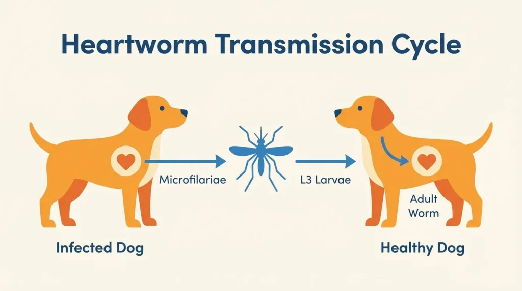 Heartworm transmission cycle diagram showing mosquito carrying larvae from infected dog to healthy dog