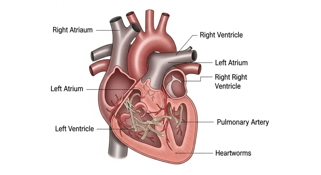 Medical illustration of adult heartworms inside a dog's heart and pulmonary arteries