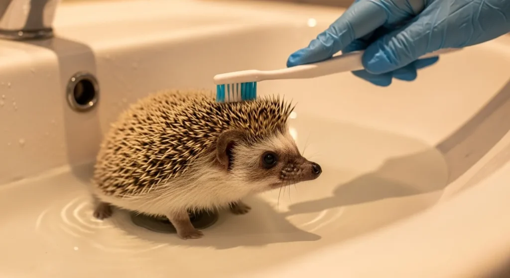 Hedgehog in shallow water with owner brushing quills.
