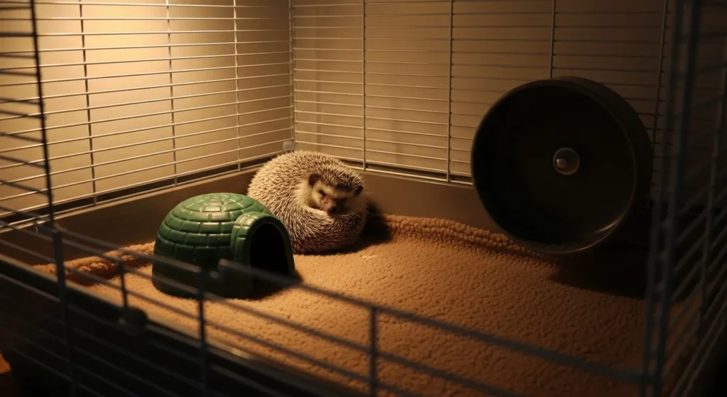 Hedgehog curled up in a cage with bedding