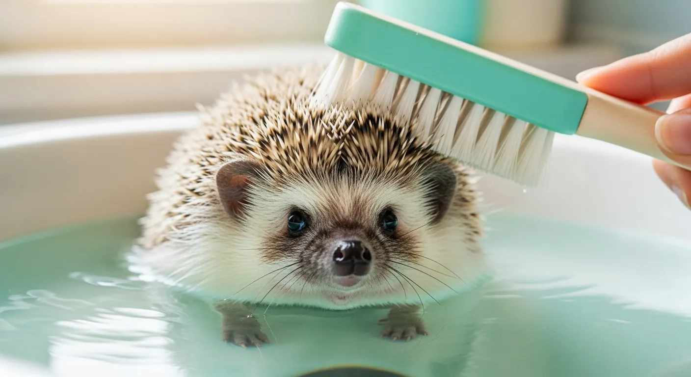 Cute hedgehog in water with brush cleaning quills