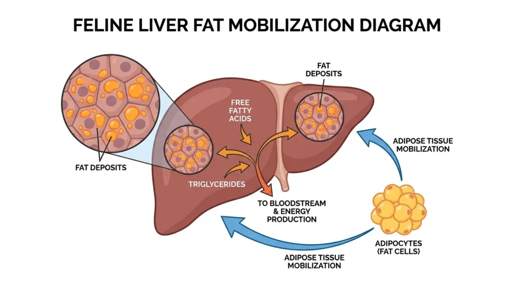 Medical diagram showing hepatic lipidosis fatty liver disease in cats