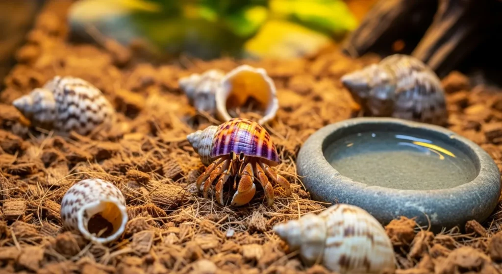 Hermit crab in a humid tank with shells