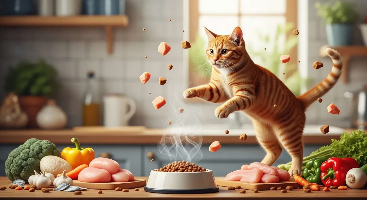 Playful active cat with fresh high-protein food recipes.