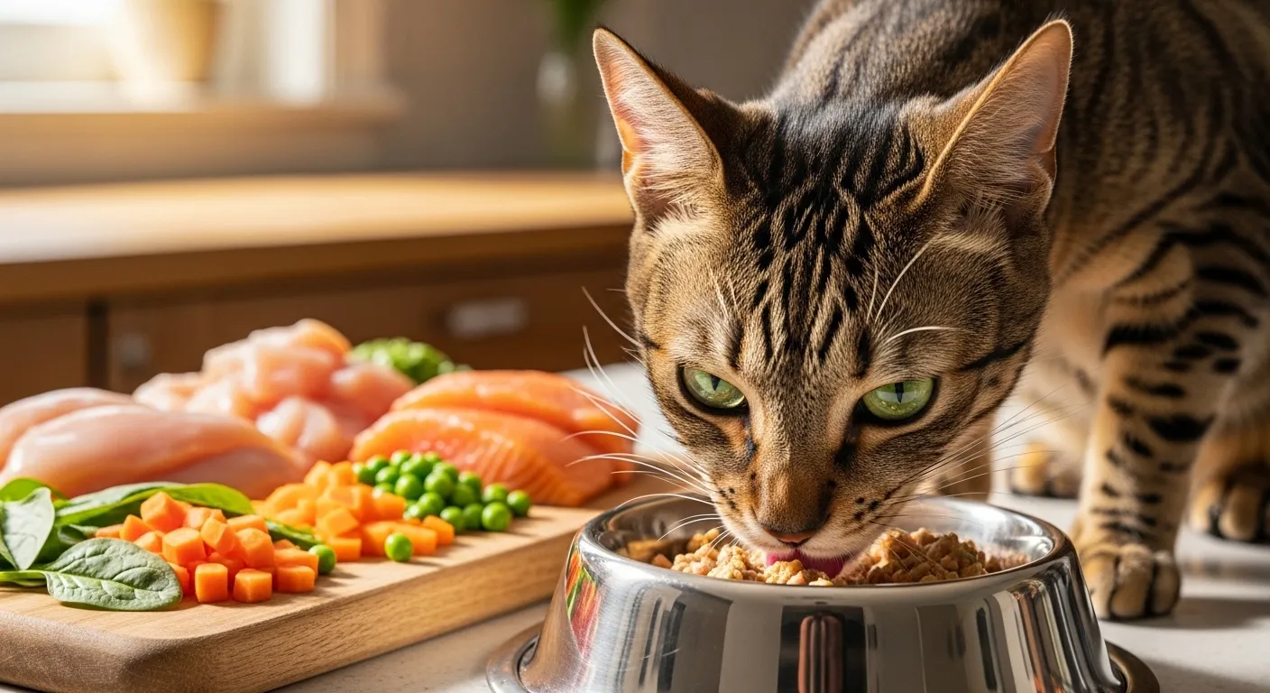 Active cat eating fresh homemade high-protein cat food from bowl with raw ingredients on cutting board