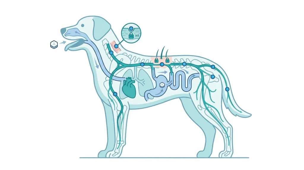 Infographic showing how diphenhydramine blocks H1 receptors in a dog's body.