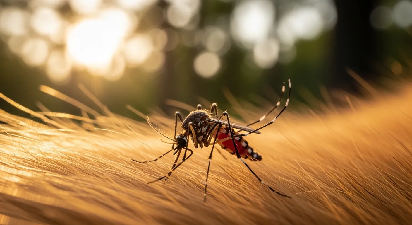 Mosquito biting a dog — how dogs get heartworm through mosquito transmission