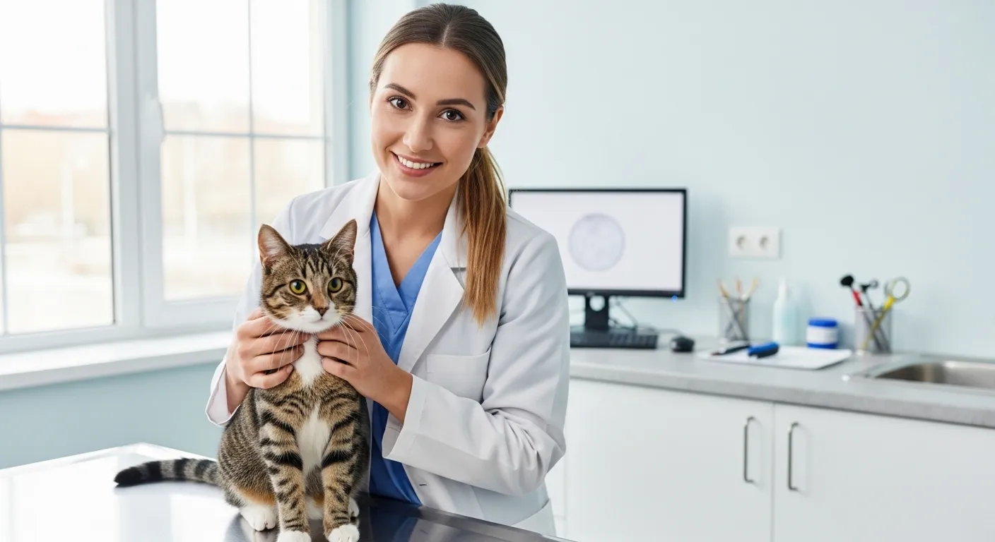 Veterinarian examining a cat before spay surgery at a private clinic