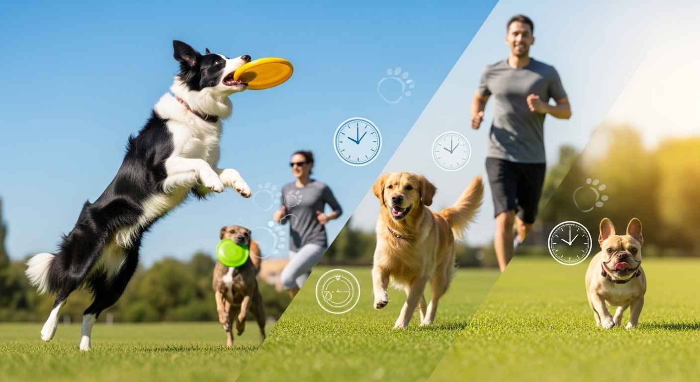 Multiple dog breeds exercising showing daily exercise needs by breed and size
