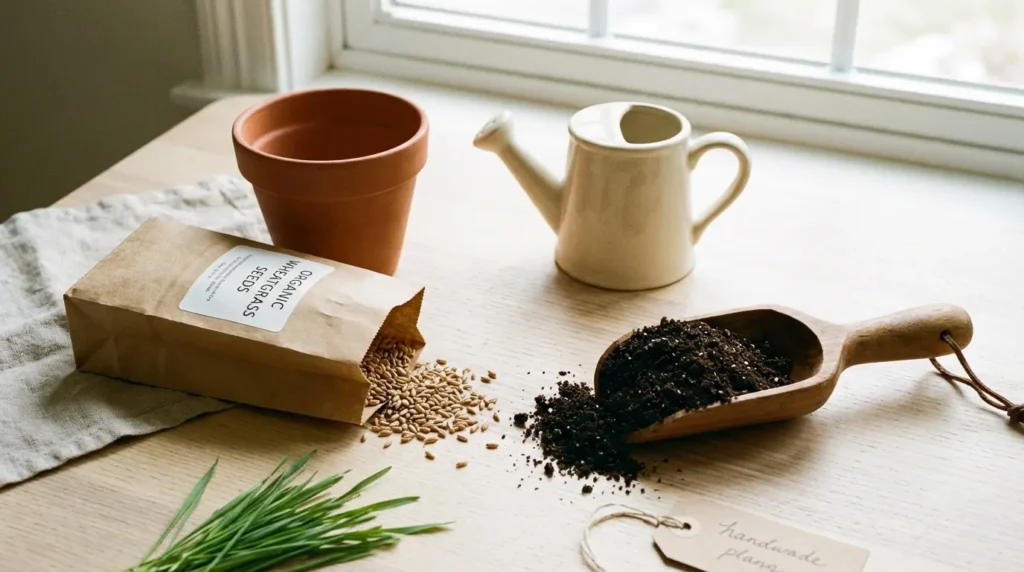 Wheatgrass seeds, pot, soil, and watering can laid out on a wooden surface for growing cat grass