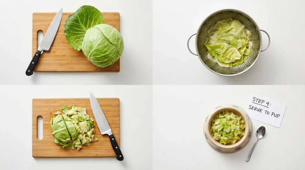 Chopped cabbage in a dog bowl next to a steamer basket showing how to prepare cabbage for dogs