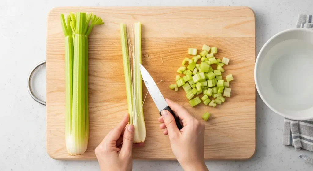 Step-by-step preparation of celery for dogs showing washing, removing strings, and cutting into small pieces on a cutting board