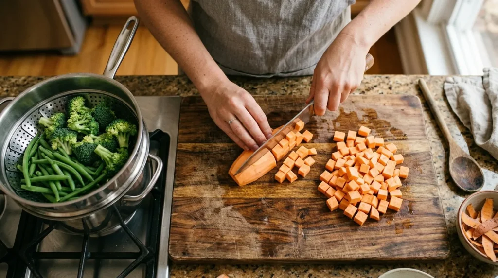 Person cutting sweet potato into small cubes for dog with steamed broccoli nearby