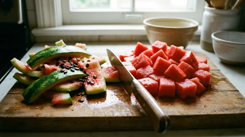 Watermelon being cut with rind and seeds separated from the dog-safe flesh.
