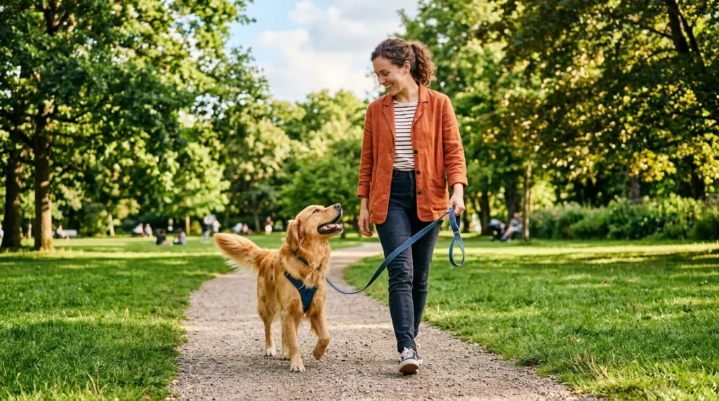 Dog owner supervising dog on leash to stop dirt eating behavior