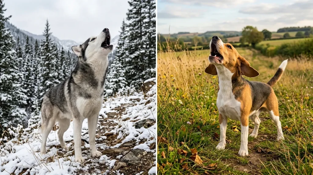 Siberian Husky howling beside a Beagle baying in a field