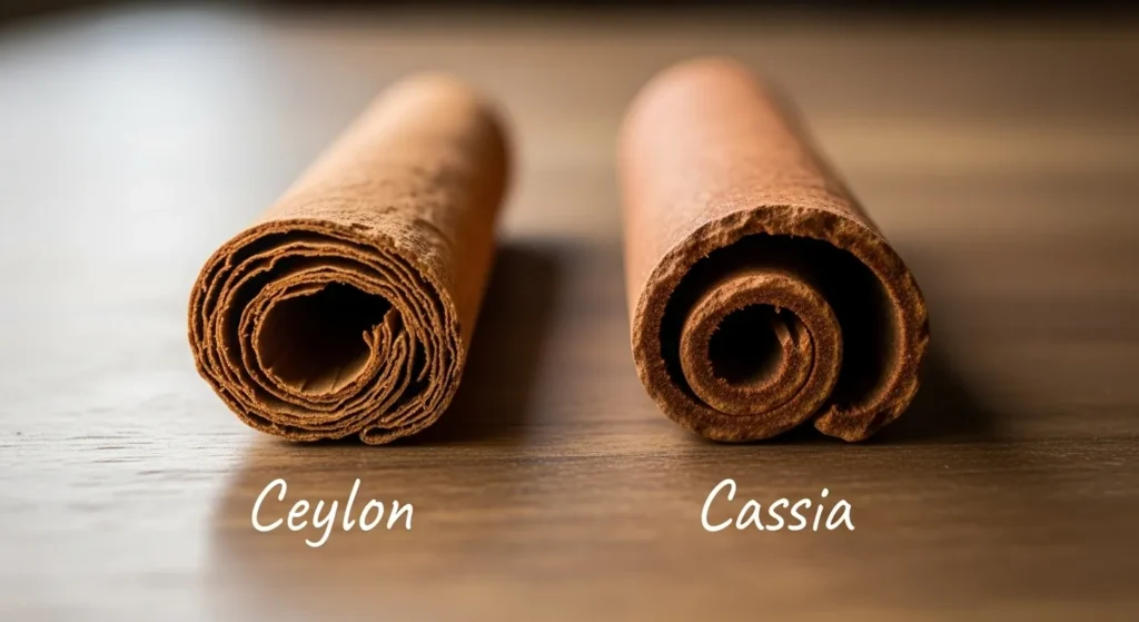 Ceylon and Cassia cinnamon sticks side by side