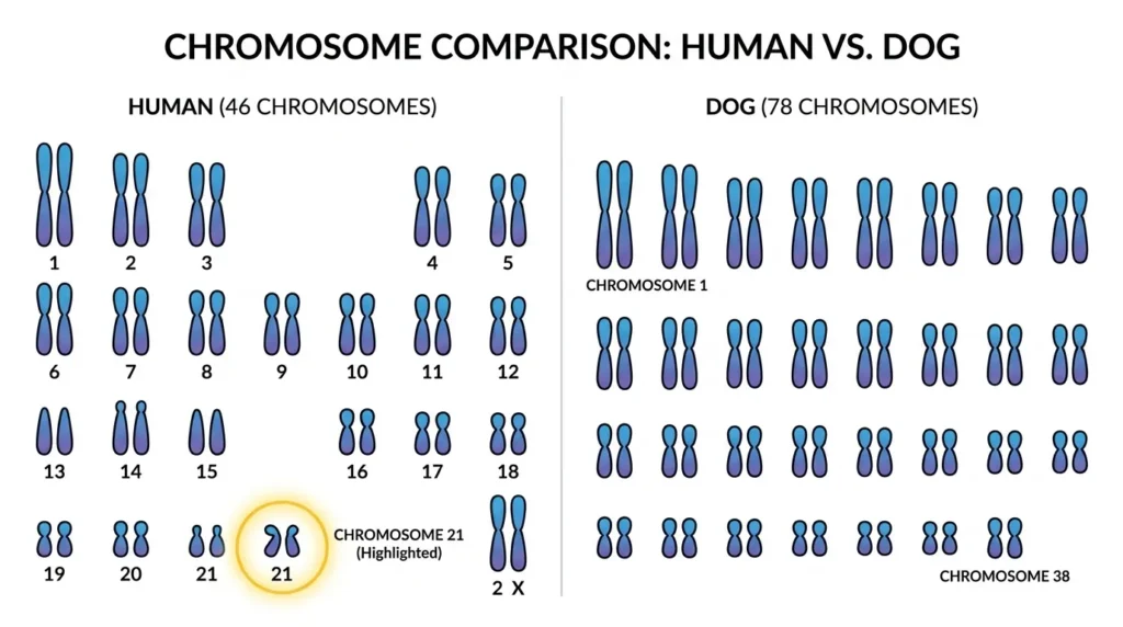 Infographic comparing human 46 chromosomes to dog 78 chromosomes, highlighting chromosome 21 in humans