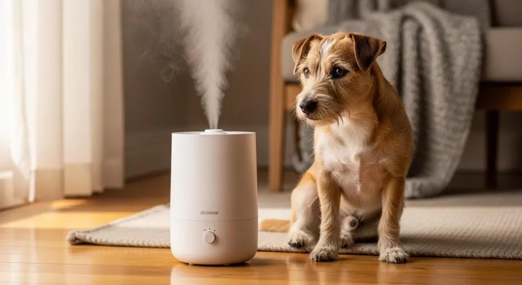 Dog near a humidifier in a living room.