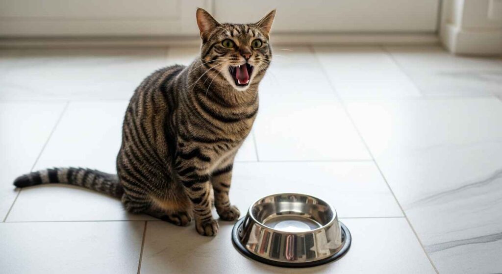 Cat near empty bowl meowing for food