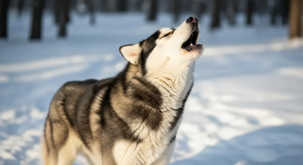 Husky dog howling in snow