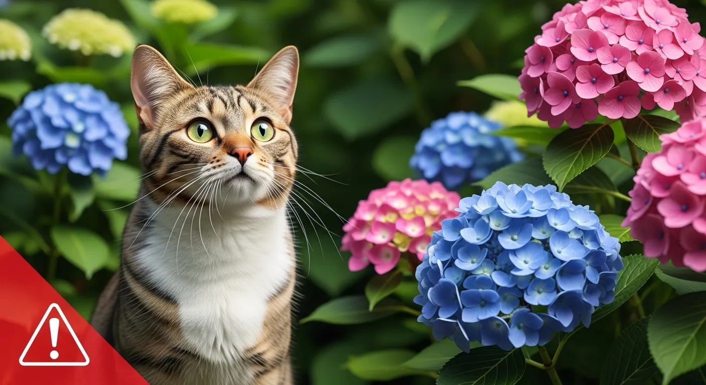 Thumbnail showing cat and toxic hydrangeas for pet safety post.