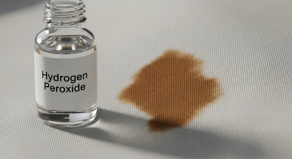 Bottle of hydrogen peroxide next to a stained cloth.