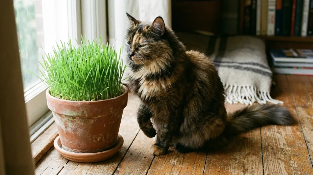 Indoor cat sitting next to a pot of wheatgrass on a wooden floor
