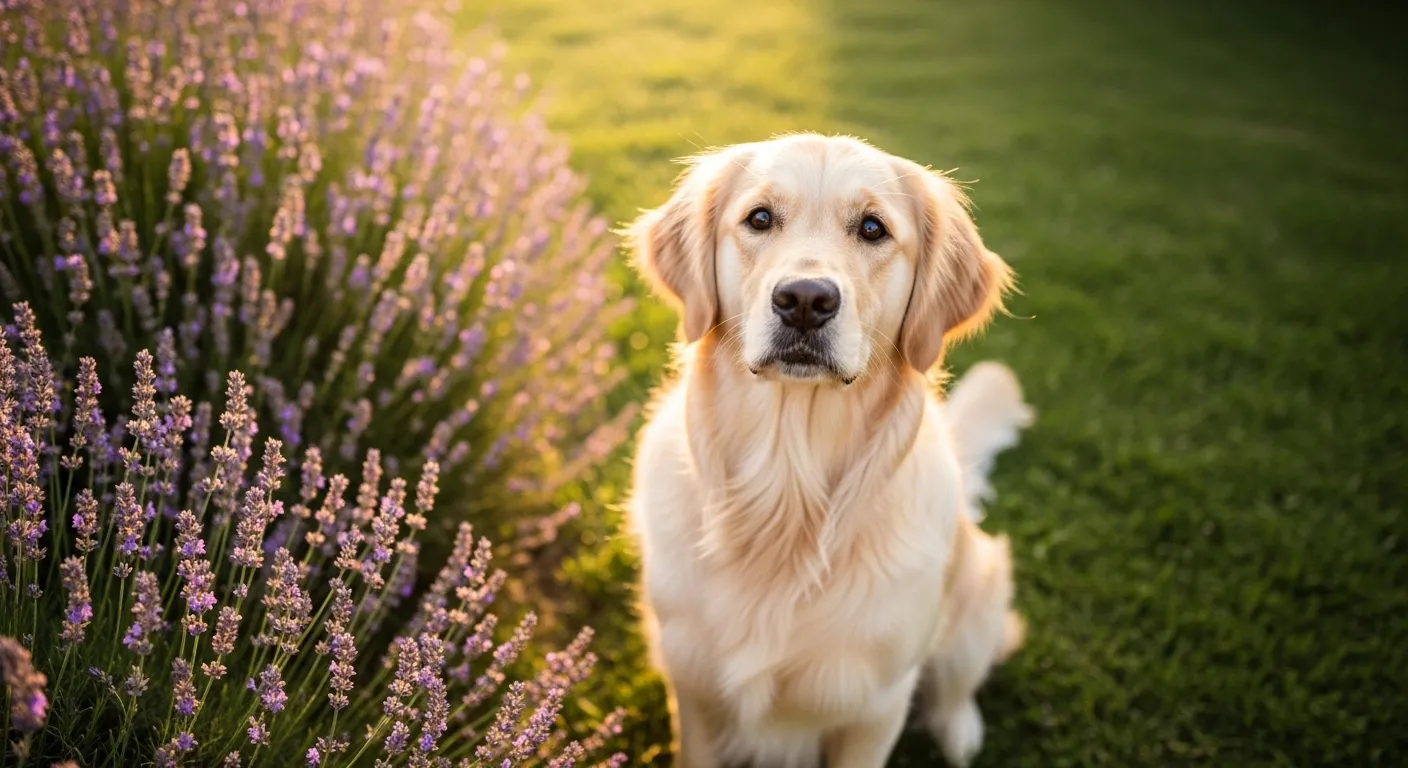 Golden retriever sitting near lavender plants in a garden, illustrating lavender safety concerns for dogs