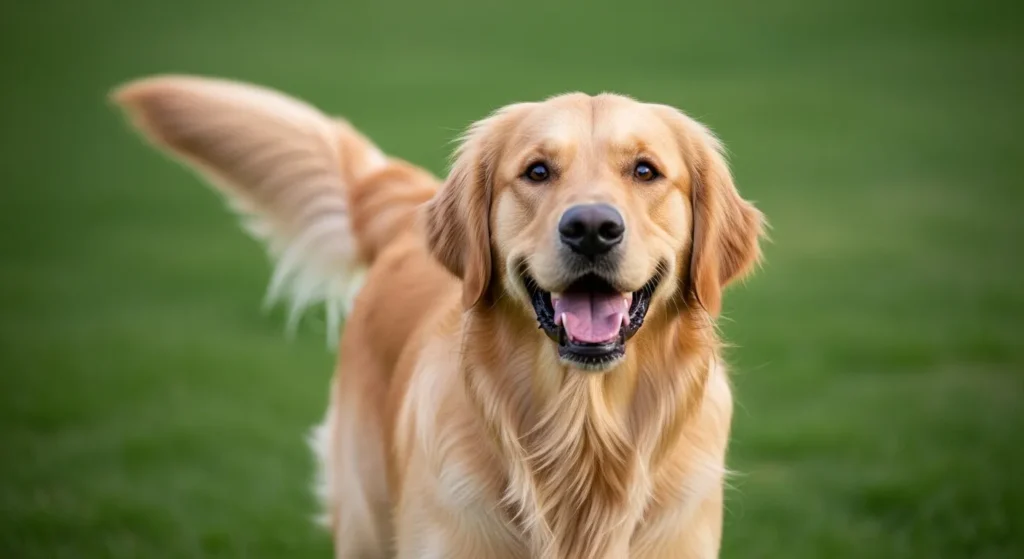 Golden retriever wagging tail.