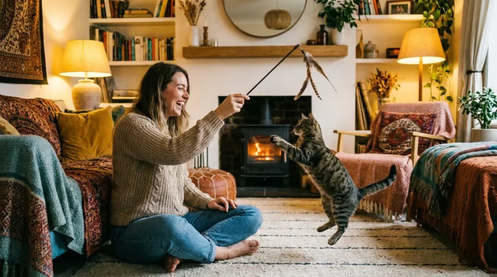 Woman playing with cat using feather toy to manage restless behavior during heat cycle