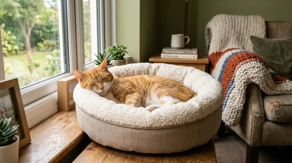 Cat resting comfortably in a warm pet bed near
a window in winter