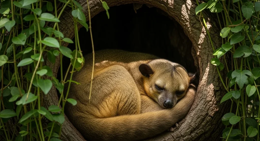 Kinkajou sleeping in tree den.