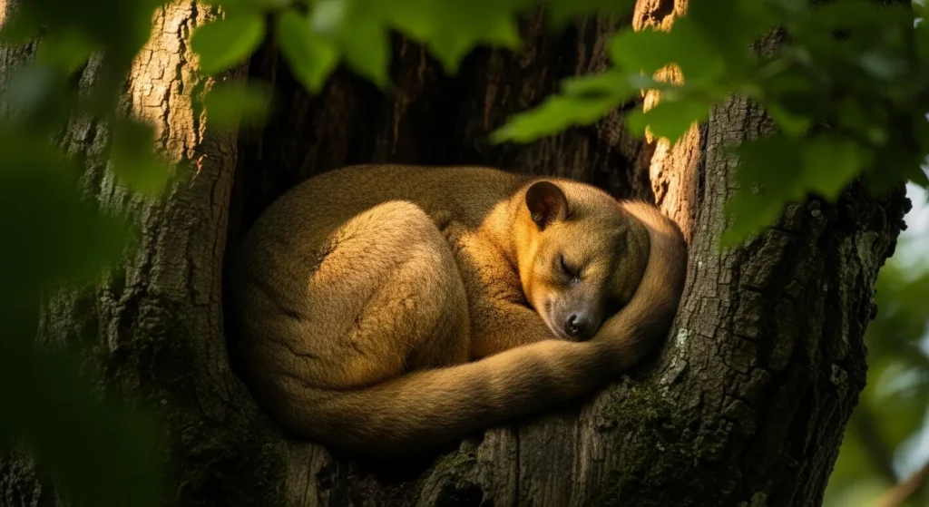 Kinkajou sleeping in tree hollow