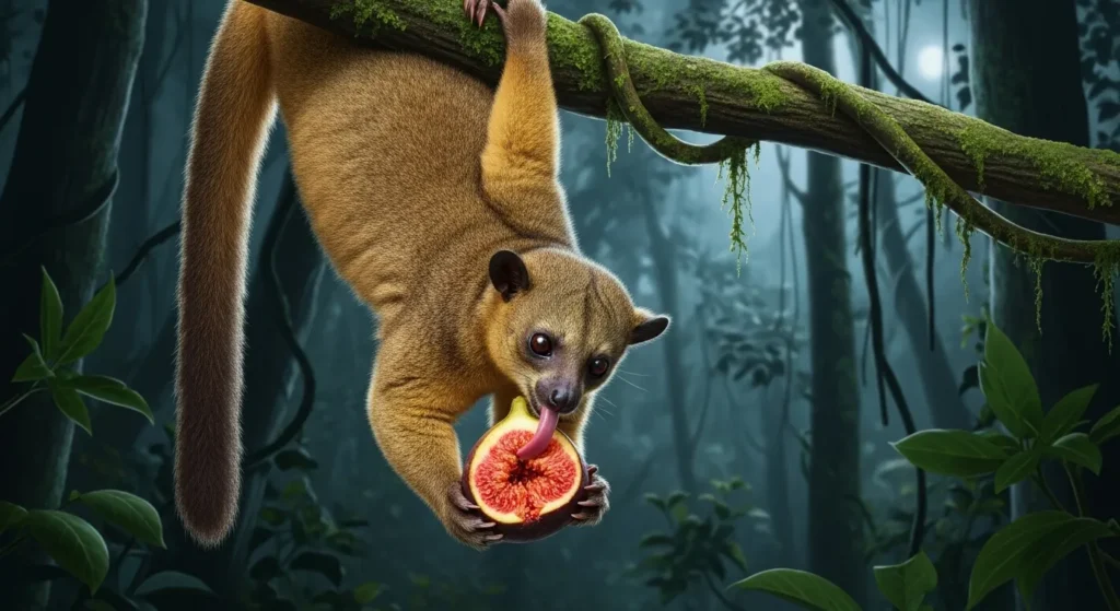 Kinkajou foraging for figs at night.