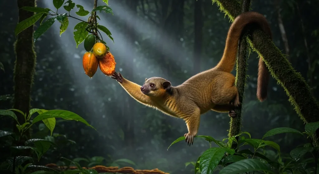Kinkajou eating in tree at night