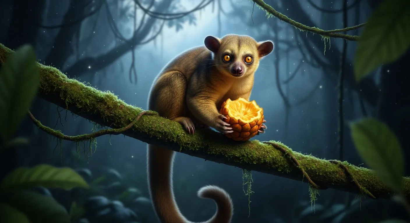Kinkajou in nocturnal habitat with fruit.